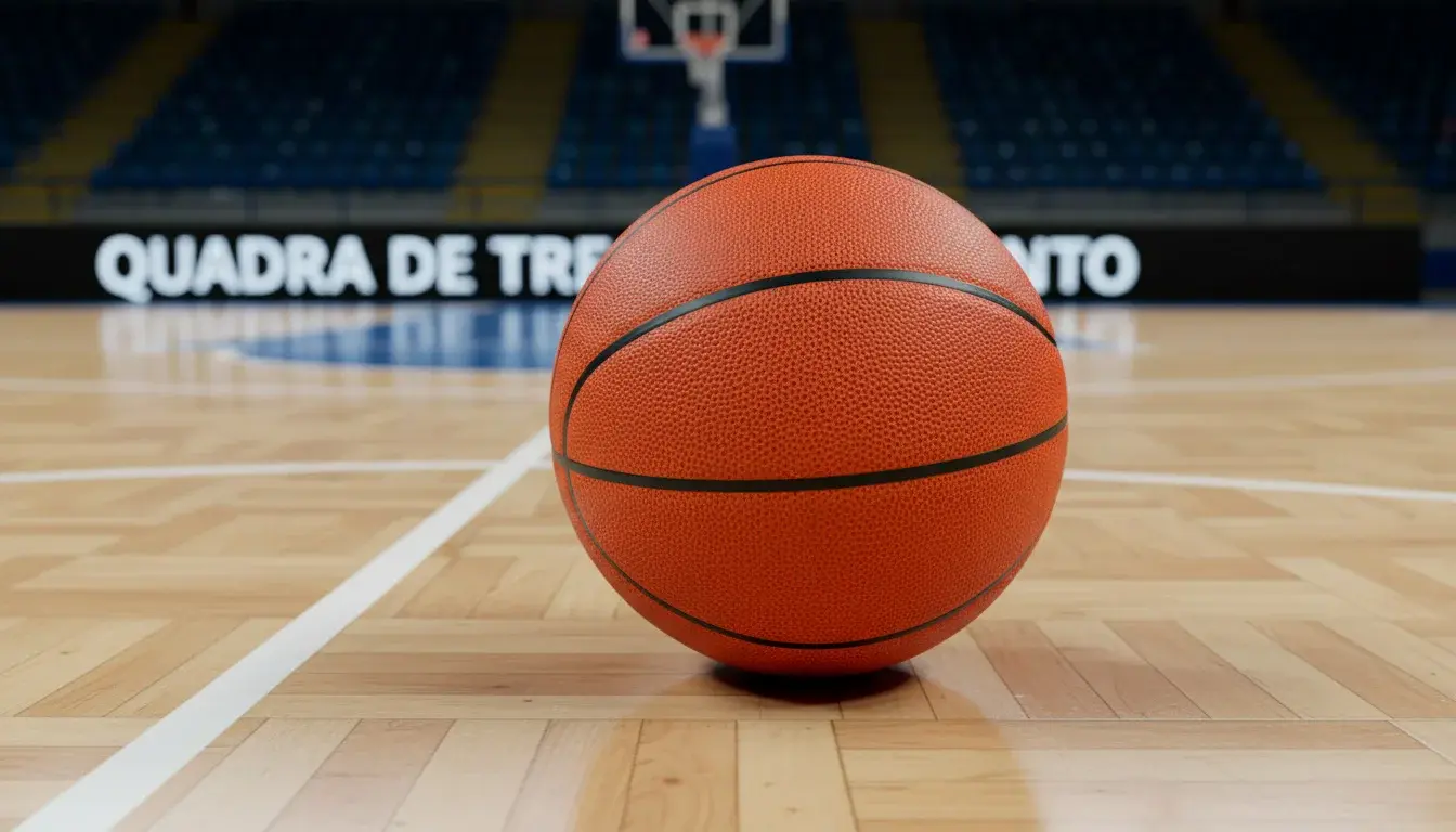 Bola de basquetebol junto a um campo de jogo com linhas marcadas