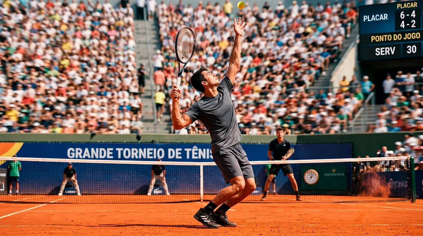 Jogador de ténis num court de terra batida a preparar um serviço durante um torneio