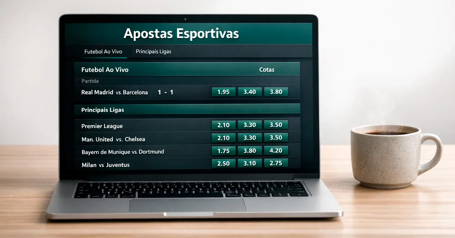Ecrã de computador portátil com site de apostas desportivas e mercados de futebol abertos