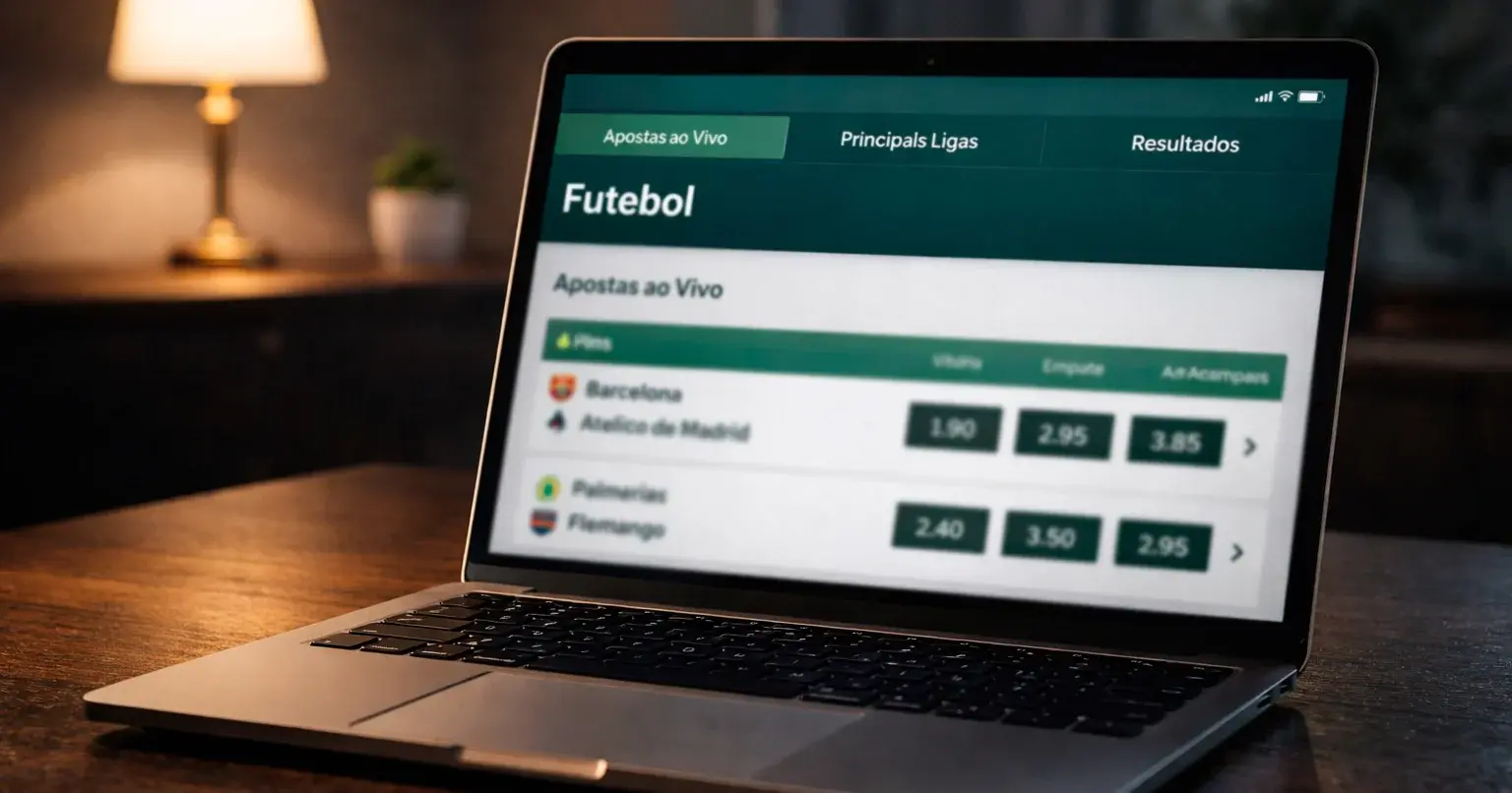 Portátil aberto numa secretária com plataforma de apostas desportivas e vários mercados de futebol