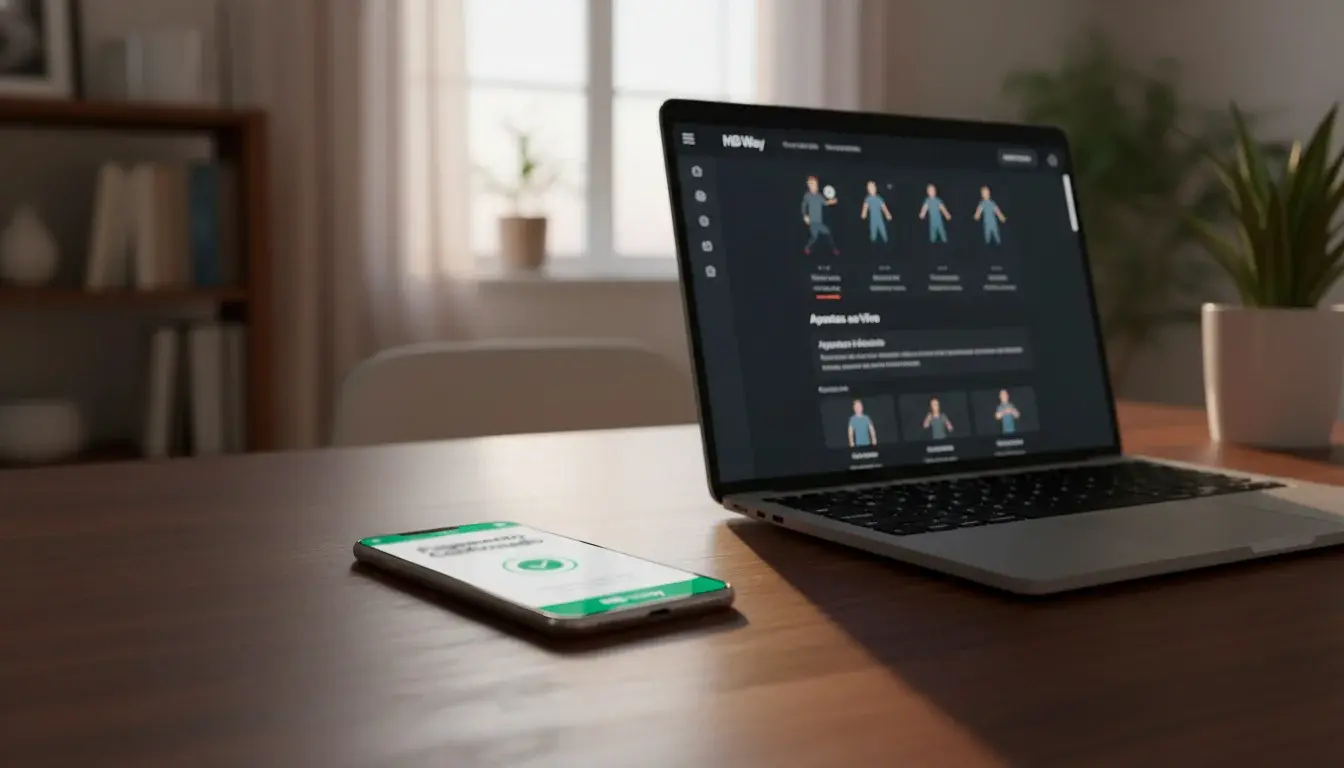 Telemóvel com aplicação de pagamento MB Way junto a um computador portátil com site de apostas desportivas