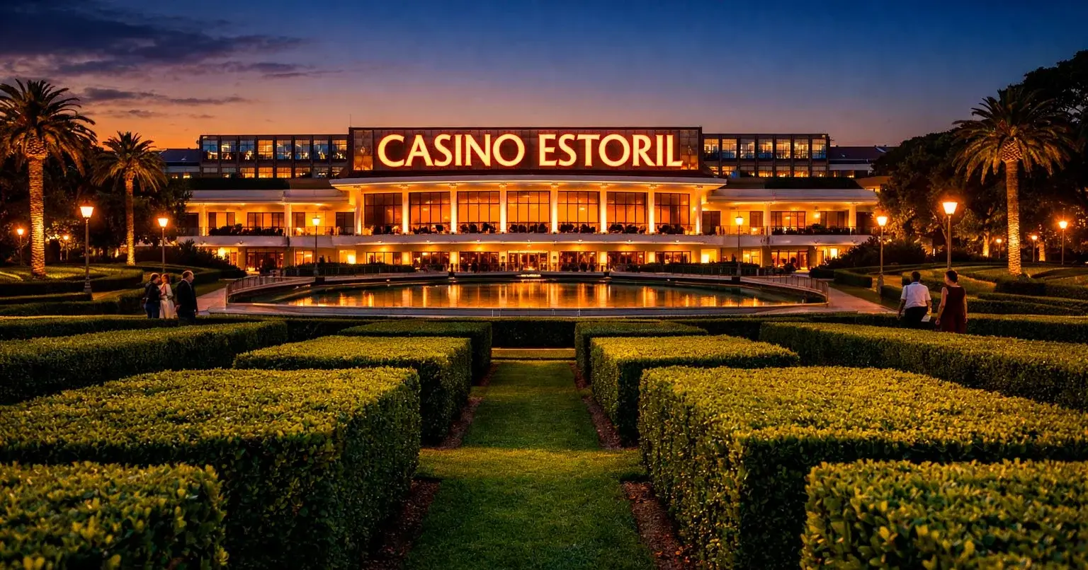 Vista do Casino Estoril a partir do exterior com jardim e fachada iluminada