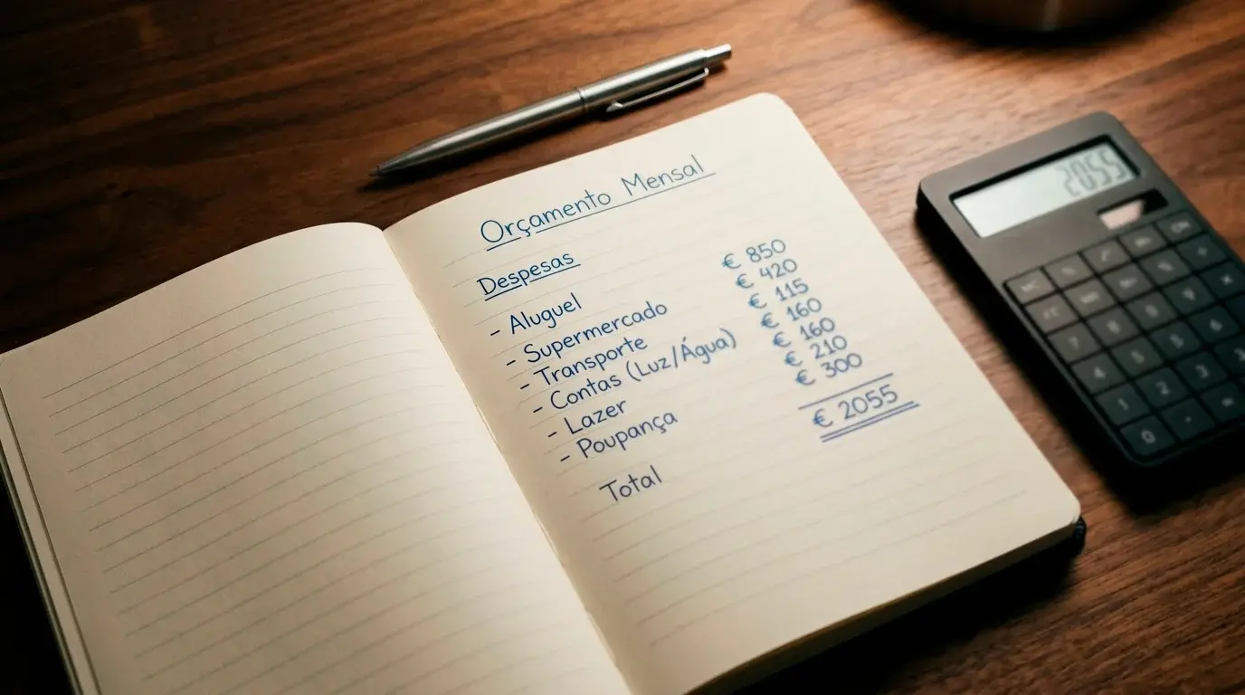 Caderno aberto com anotações de apostas e uma calculadora ao lado