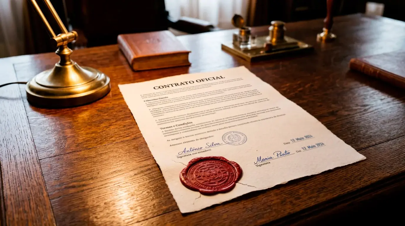 Documento legal oficial com selo do Estado português sobre uma secretária