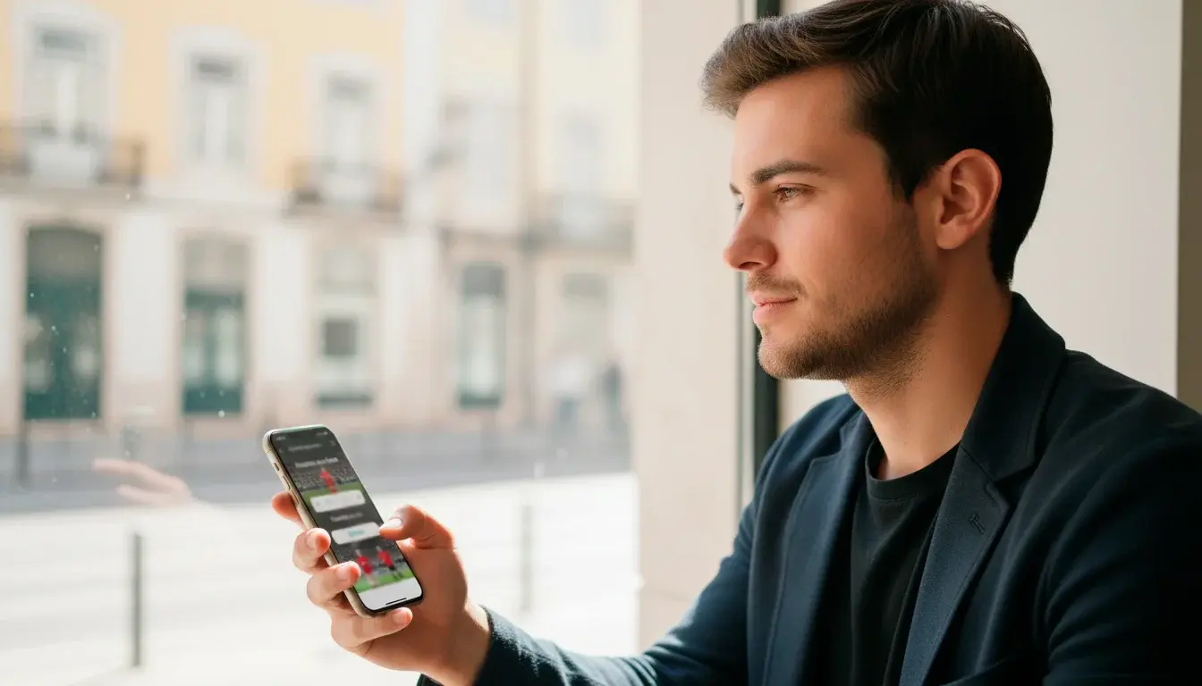 Jovem adulto em Lisboa a consultar aplicação de apostas desportivas no telemóvel