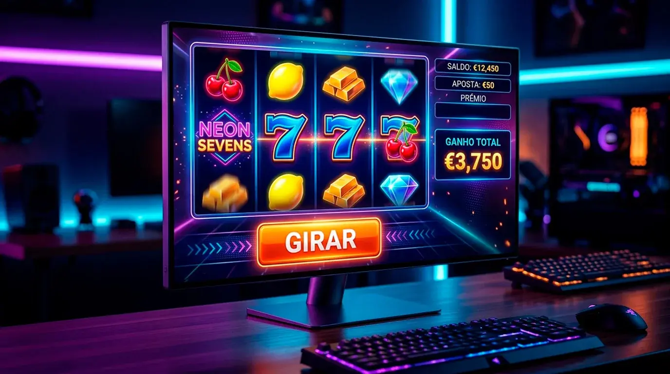 Ecrã de computador a mostrar a interface de uma slot machine online colorida