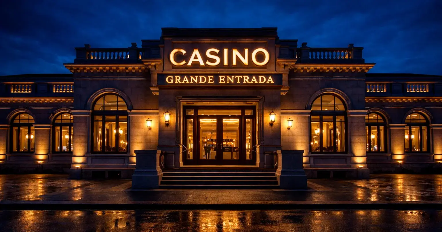 Fachada de casino português com iluminação nocturna e letreiro luminoso
