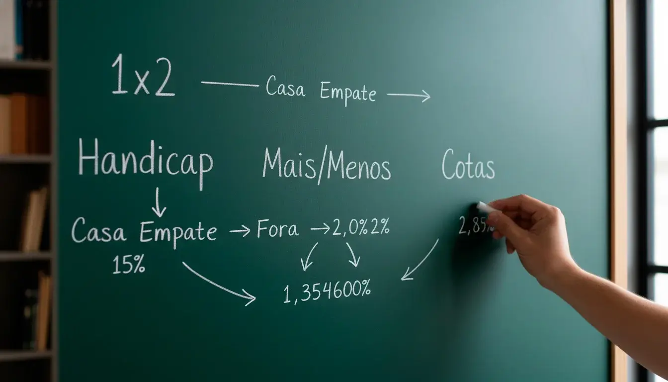 Quadro com diferentes tipos de apostas desportivas escritos a giz num fundo verde escuro